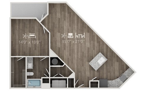 Floor plan for 1 bed, 1 bath, 977 sqft