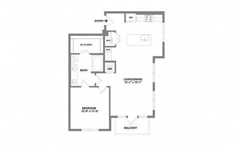 Floor plan for 1 bed, 1 bath, 849 sqft