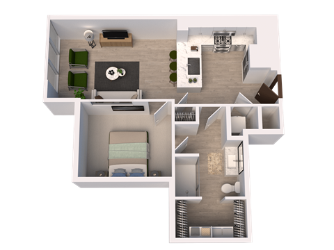 Floor plan for 1 bed, 1 bath, 673 sqft