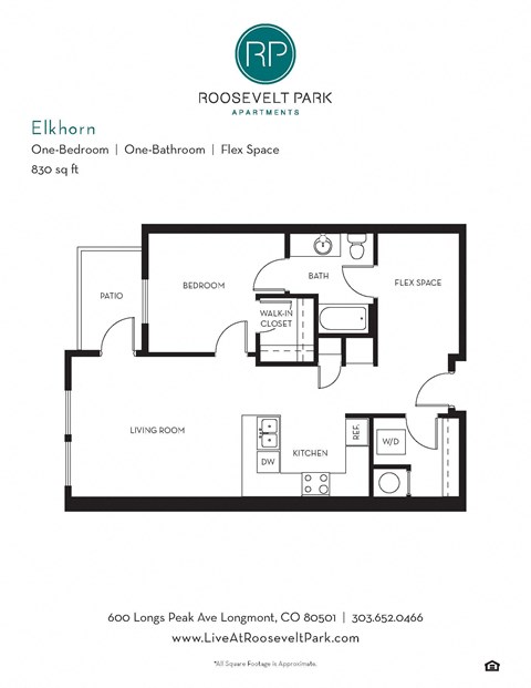 Floor plan for 1 bed, 1 bath, 830 sqft