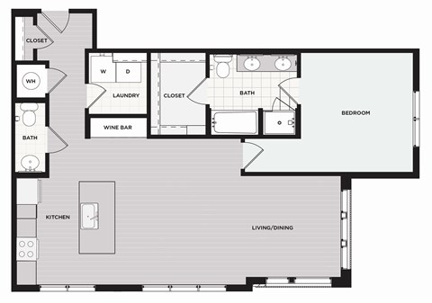Floor plan for 1 bed, 1 bath, 916 sqft