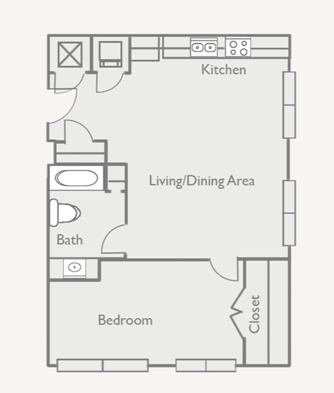 Floor plan for 1 bed, 1 bath, 795 sqft