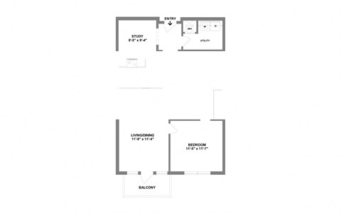Floor plan for 1 bed, 1 bath, 821 sqft
