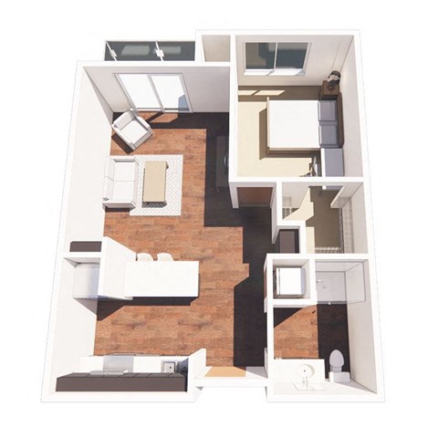 Floor plan for 1 bed, 1 bath, 651 sqft