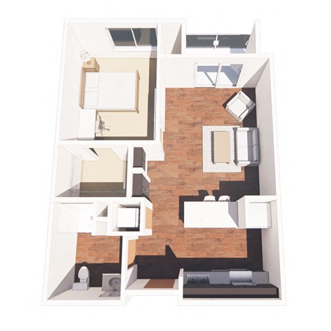 Floor plan for 1 bed, 1 bath, 673 sqft