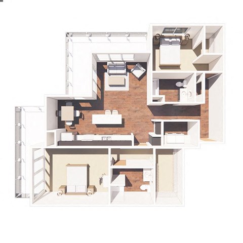 Floor plan for 2 beds, 2 baths, 1305 sqft