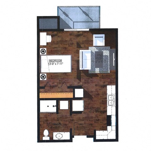 Floor plan for studio, 1 bath, 508 sqft
