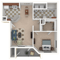 Floor plan for 1 bed, 1 bath, 640 sqft