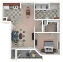 Floor plan for 1 bed, 1 bath, 640 sqft