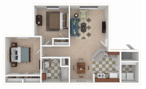 Floor plan for 2 beds, 1 bath, 778 sqft