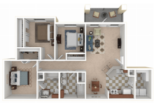 Floor plan for 3 beds, 2 baths, 1068 sqft