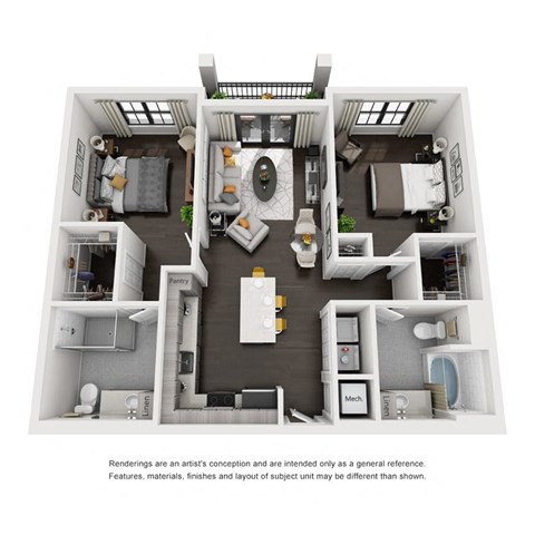 Floor plan for 2 beds, 2 baths, 1110 sqft