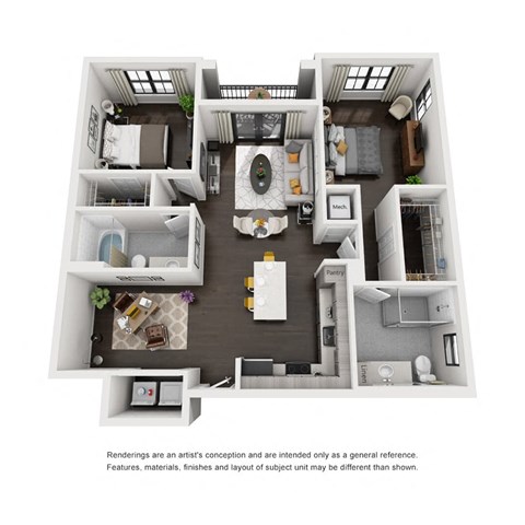 Floor plan for 2 beds, 2 baths, 1237 sqft