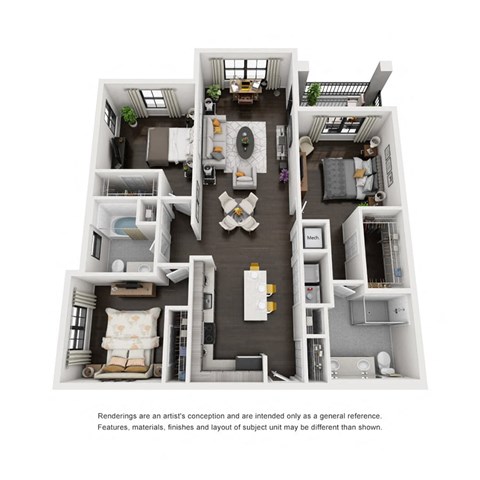 Floor plan for 3 beds, 2 baths, 1397 sqft