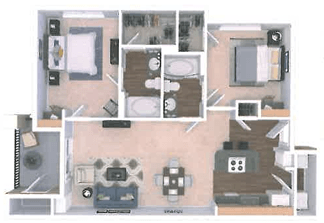 Floor plan for 2 beds, 2 baths, 1003 sqft