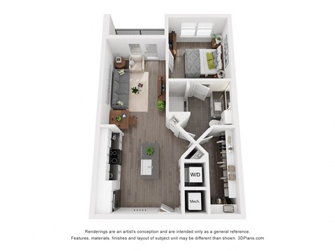 Floor plan for 1 bed, 1 bath, 631 sqft