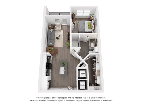 Floor plan for 1 bed, 1 bath, 631 sqft