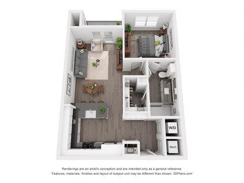 Floor plan for 1 bed, 1 bath, 750 sqft