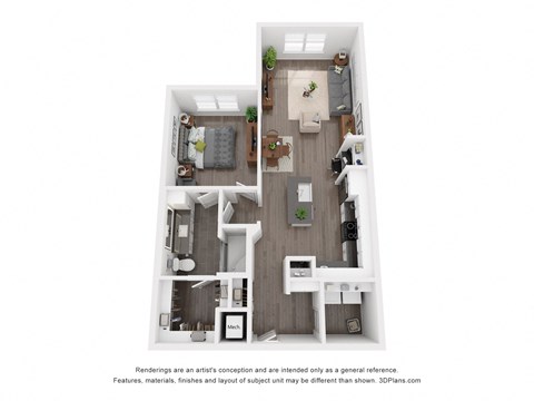 Floor plan for 1 bed, 1 bath, 986 sqft