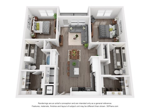 Floor plan for 2 beds, 2 baths, 1106 sqft