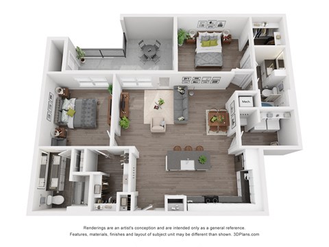 Floor plan for 2 beds, 2 baths, 1217 sqft