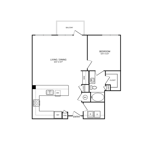 Floor plan for 1 bed, 1 bath, 944 sqft