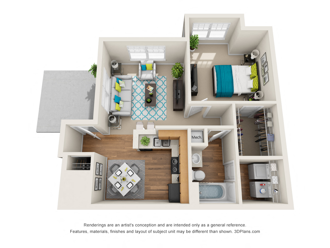 Floor plan for 1 bed, 1 bath, 780 sqft
