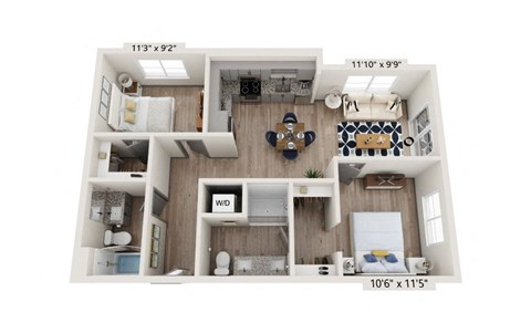 Floor plan for 2 beds, 2 baths, 745 sqft