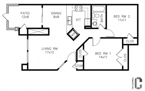 Floor plan for 2 beds, 1 bath, 855 sqft