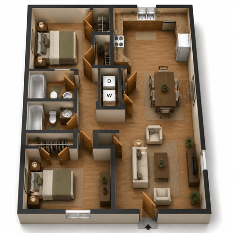 Floor plan for 2 beds, 2 baths, 895 sqft