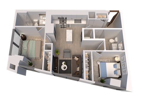 Floor plan for 2 beds, 2 baths, 807 sqft