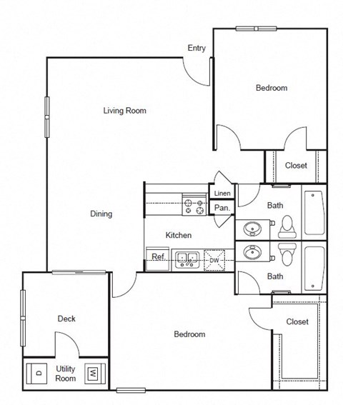 Floor plan for 2 beds, 2 baths, 941 sqft
