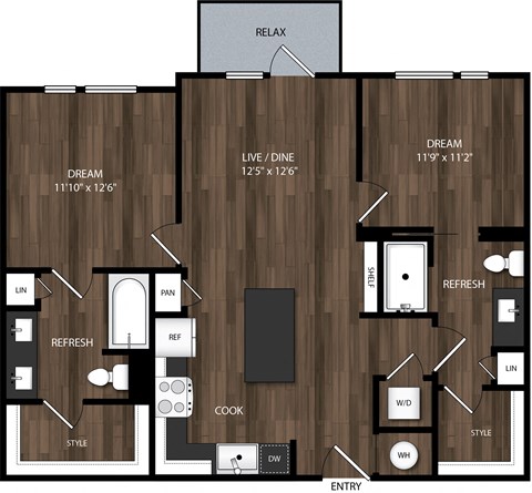 Floor plan for 2 beds, 2 baths, 992 sqft