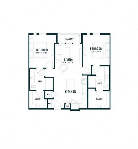 Floor plan for 2 beds, 2 baths, 1067 sqft