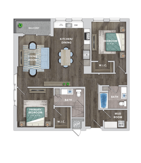 Floor plan for 2 beds, 2 baths, 1196 sqft