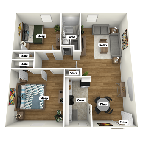 Floor plan for 2 beds, 1 bath, 725 sqft