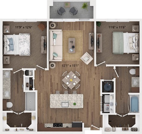 Floor plan for 2 beds, 2 baths, 1069 sqft