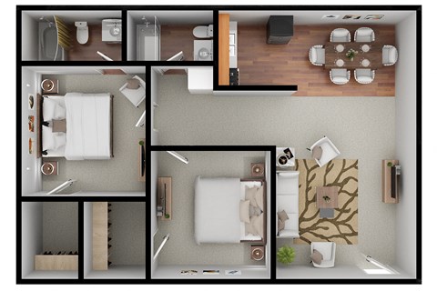 Floor plan for 2 beds, 2 baths, 834 sqft