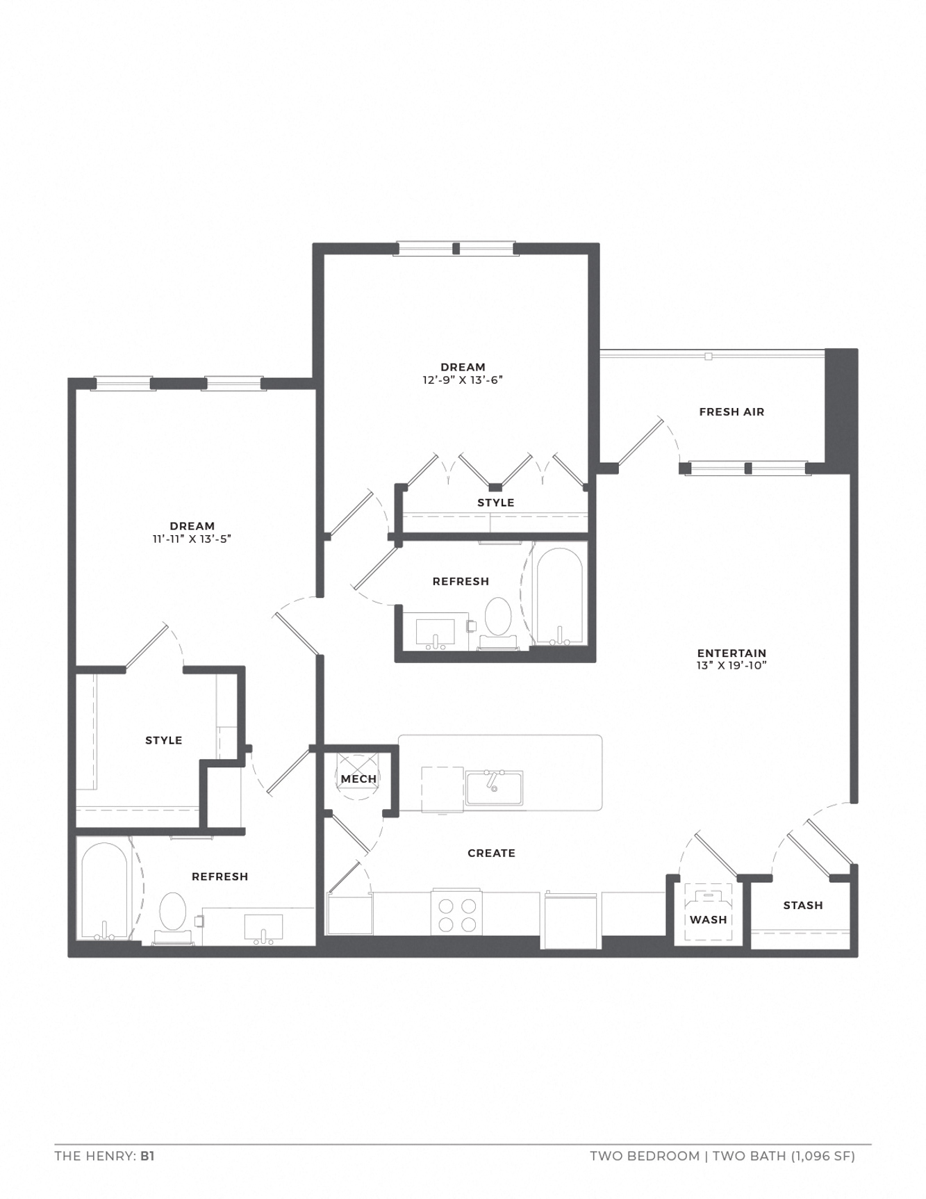Floor plan for 2 beds, 2 baths, 1112 sqft