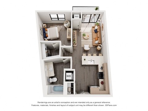 Floor plan for 1 bed, 1 bath, 715 sqft