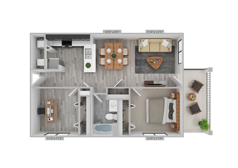 Floor plan for 2 beds, 1 bath, 849 sqft