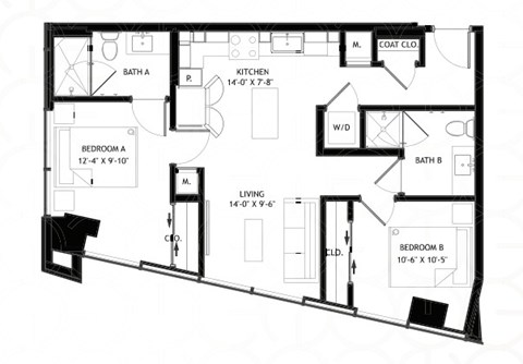 Floor plan for 2 beds, 2 baths, 807 sqft