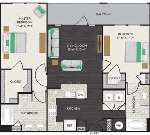 Floor plan for 2 beds, 2 baths, 1088 sqft