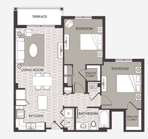 Floor plan for 2 beds, 1 bath, 988 sqft