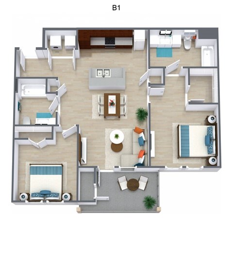 Floor plan for 2 beds, 2 baths, 986 sqft