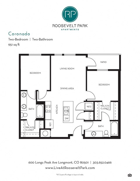 Floor plan for 2 beds, 2 baths, 951 sqft