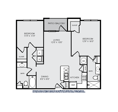 Floor plan for 2 beds, 2 baths, 1103 sqft