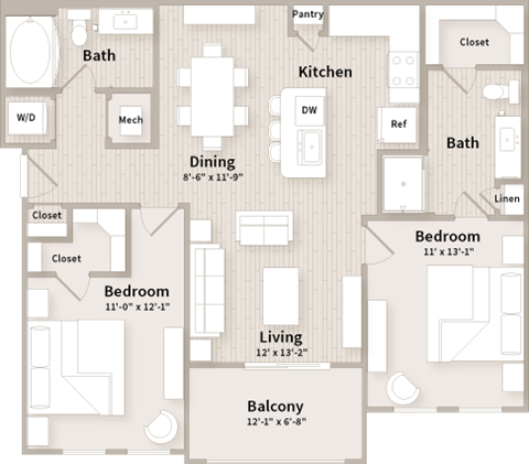 Floor plan for 2 beds, 2 baths, 1019 sqft