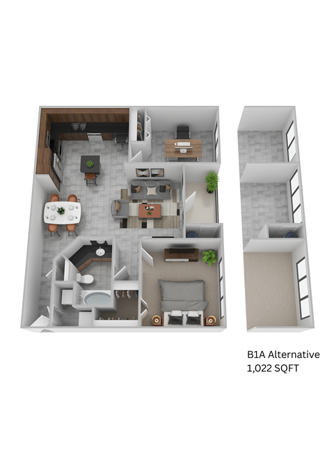 Floor plan for 2 beds, 1 bath, 950 sqft