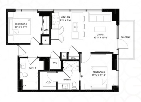 Floor plan for 2 beds, 2 baths, 812 sqft